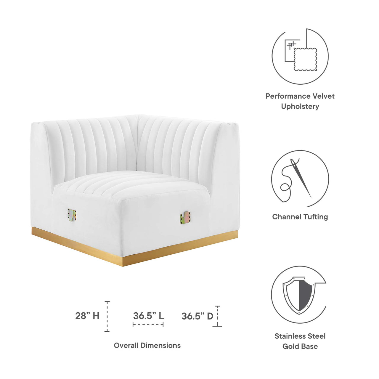 Evoke Velvet Left Corner Chair | Modular Sectional Component, Gold & White