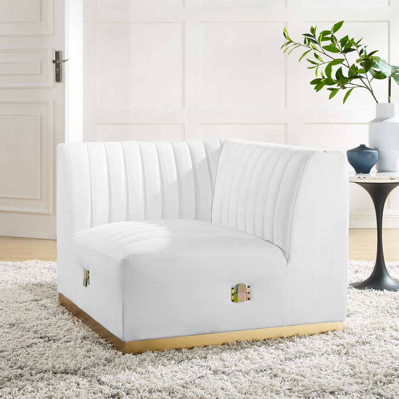 Evoke Velvet Left Corner Chair | Modular Sectional Component, Gold & White