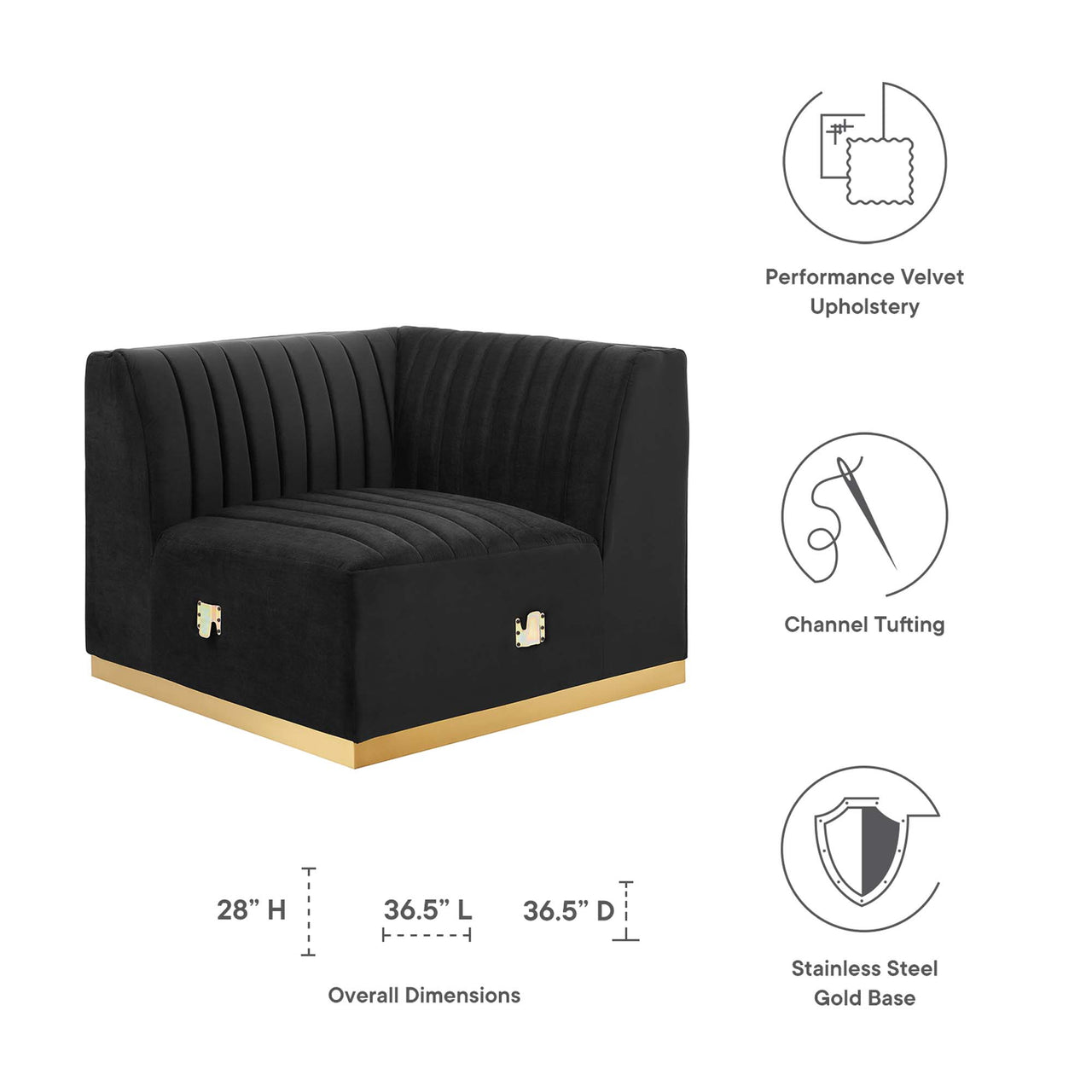 Evoke Velvet Right Corner Chair | Modular Sectional Component, Gold & Black