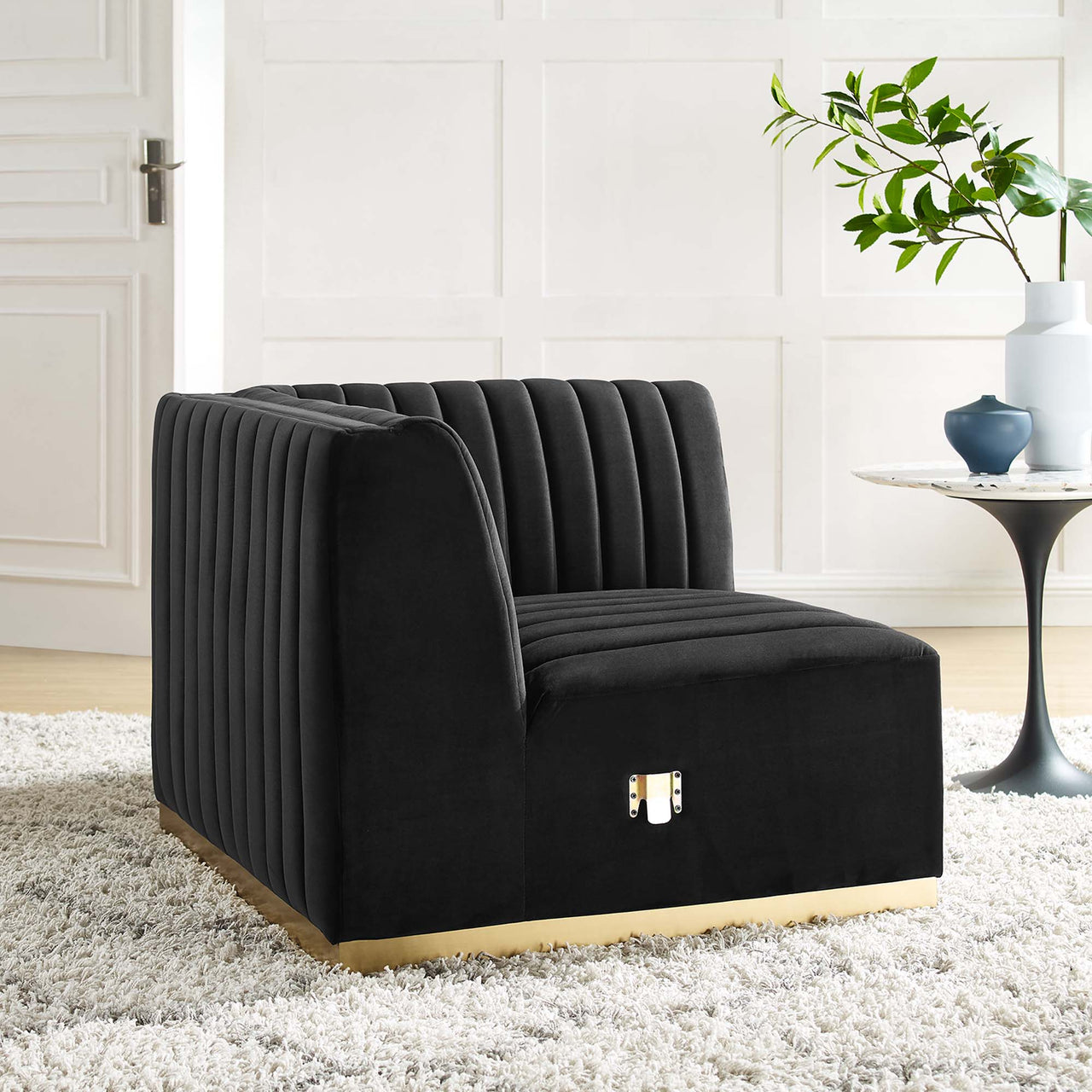 Evoke Velvet Right Corner Chair | Modular Sectional Component, Gold & Black