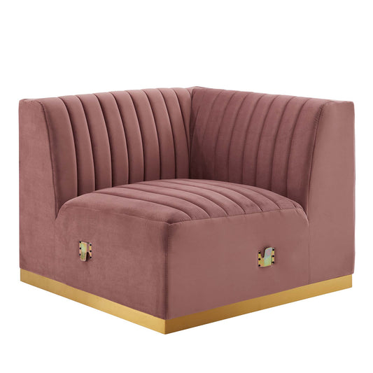 Evoke Velvet Right Corner Chair | Modular Sectional Component, Gold & Dusty Rose