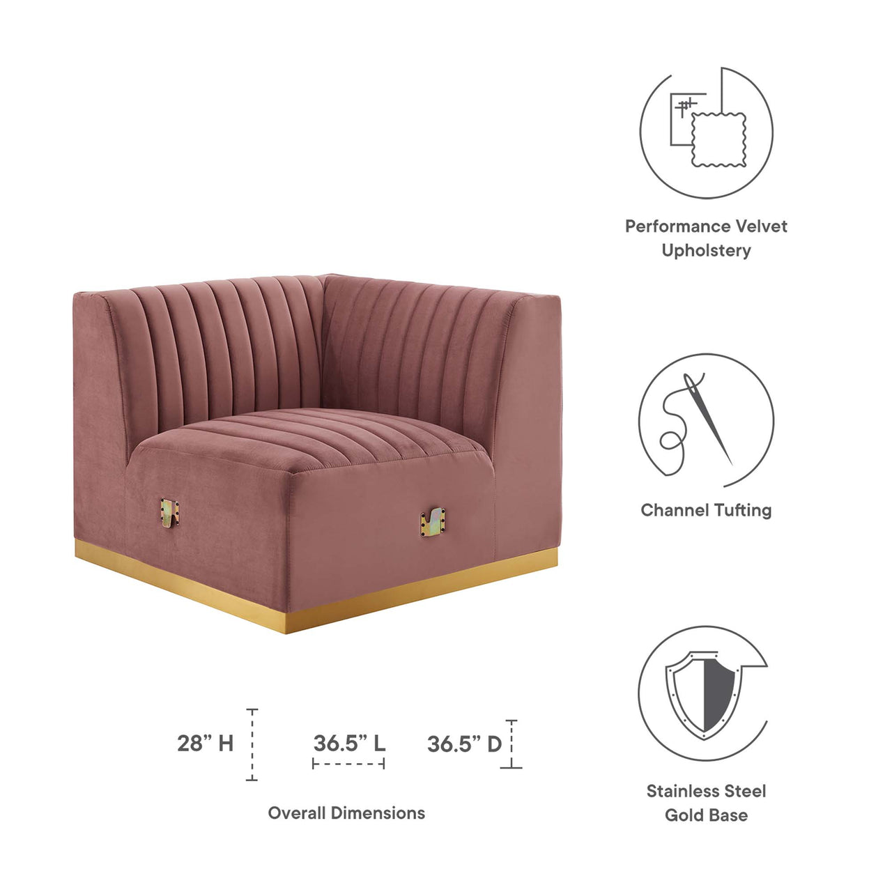 Evoke Velvet Right Corner Chair | Modular Sectional Component, Gold & Dusty Rose