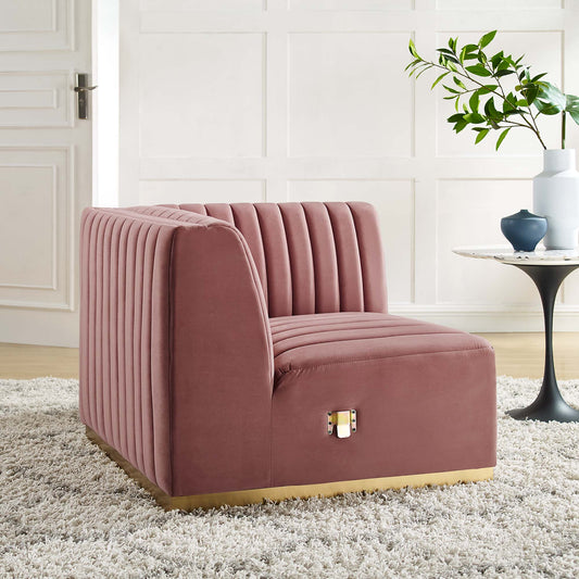 Evoke Velvet Right Corner Chair | Modular Sectional Component, Gold & Dusty Rose