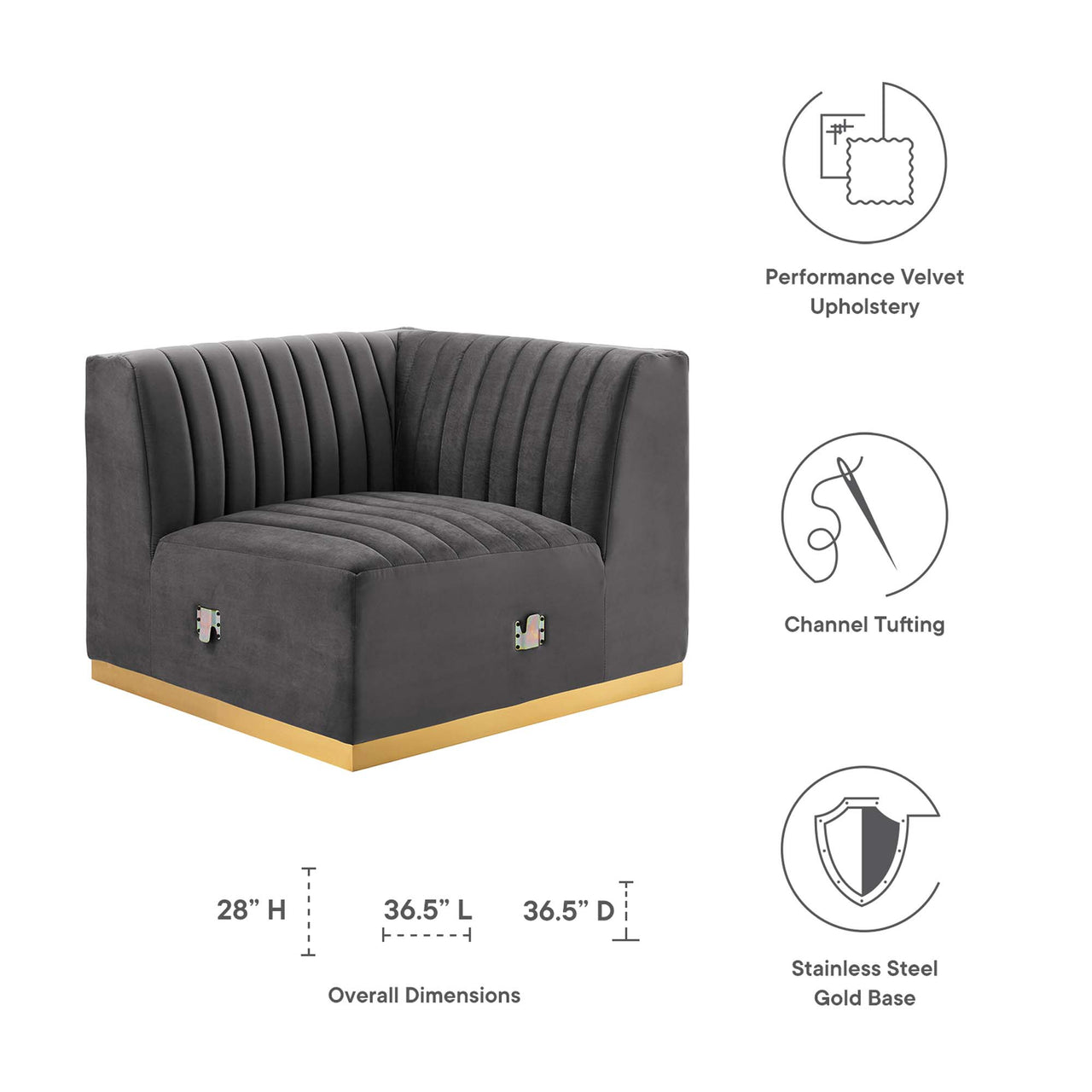 Evoke Velvet Right Corner Chair | Modular Sectional Component, Gold & Gray