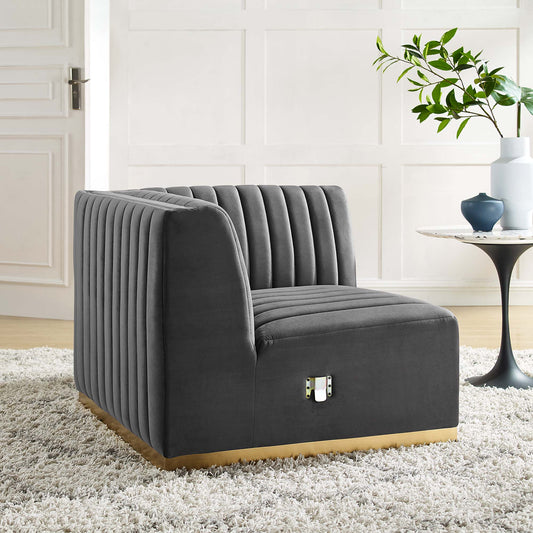 Evoke Velvet Right Corner Chair | Modular Sectional Component, Gold & Gray