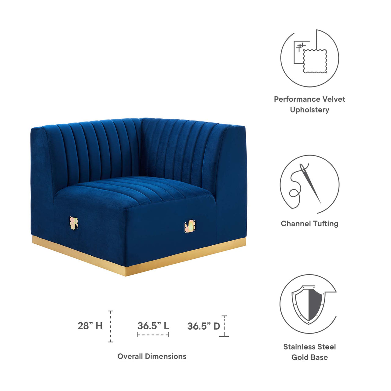 Evoke Velvet Right Corner Chair | Modular Sectional Component, Gold & Navy