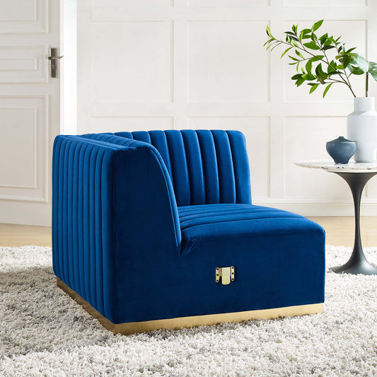 Evoke Velvet Right Corner Chair | Modular Sectional Component, Gold & Navy