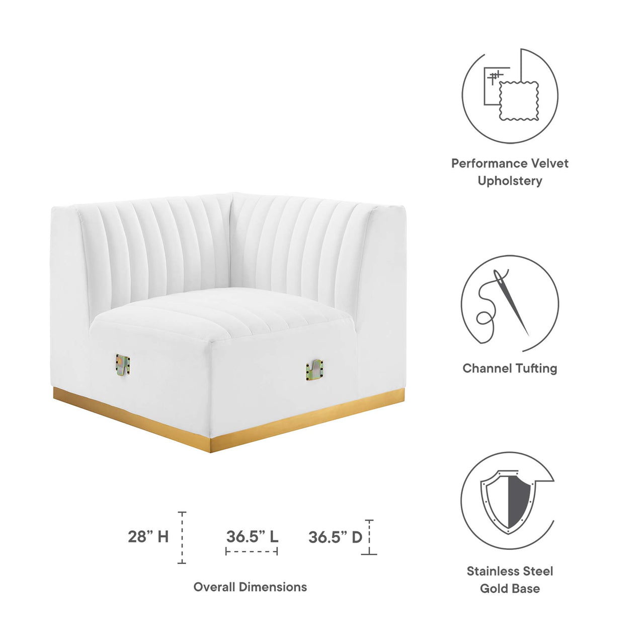 Evoke Velvet Right Corner Chair | Modular Sectional Component, Gold & White