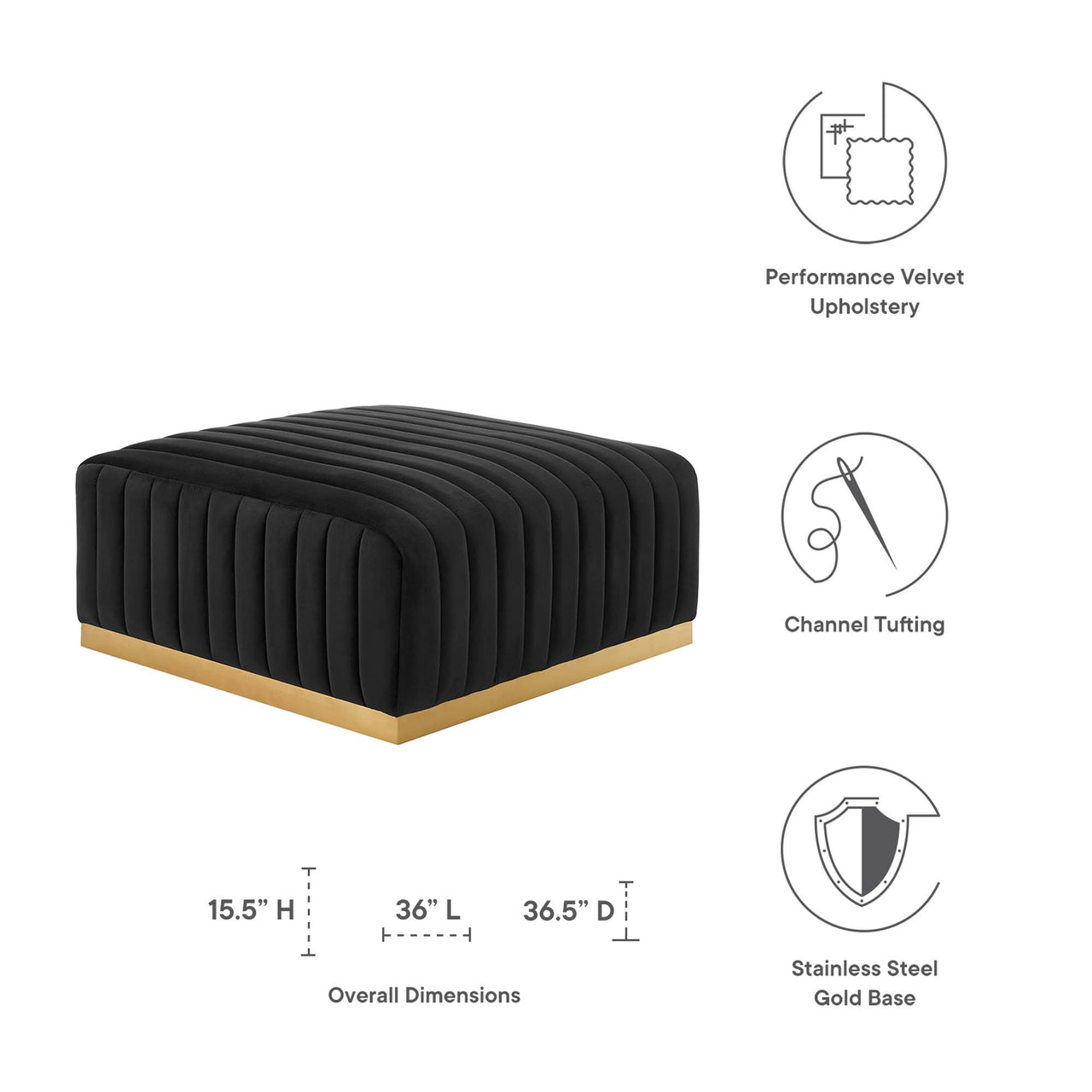 Evoke Velvet Ottoman | Modular Sectional Component, Gold & Black