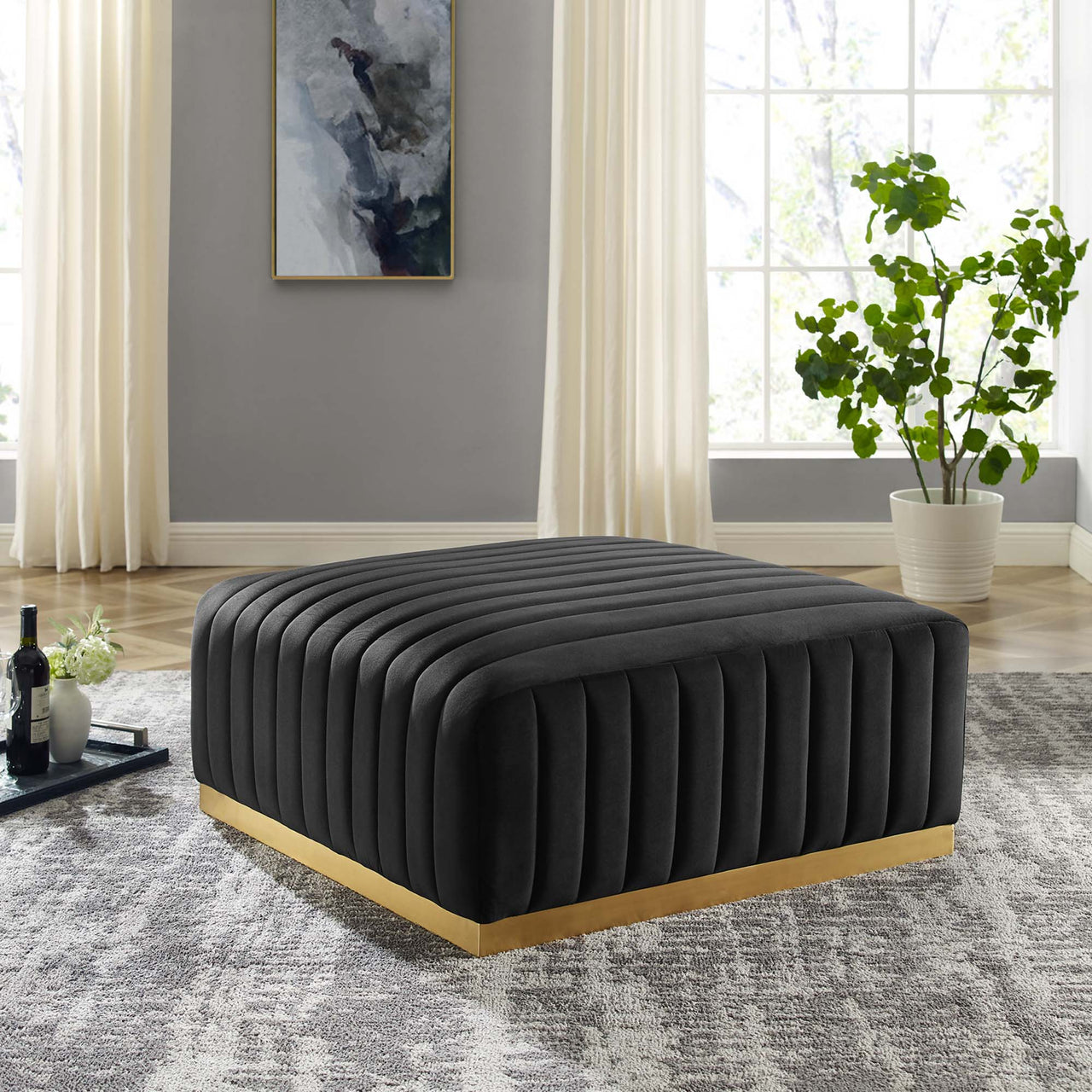 Evoke Velvet Ottoman | Modular Sectional Component, Gold & Black