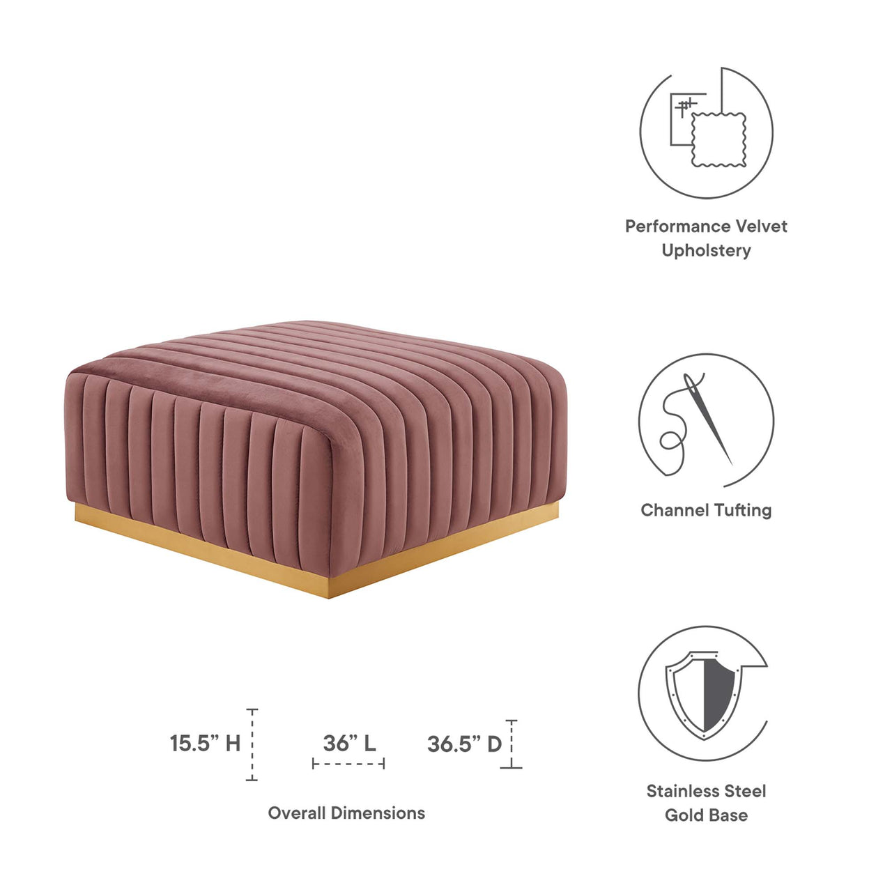 Evoke Velvet Ottoman | Modular Sectional Component, Gold & Dusty Rose