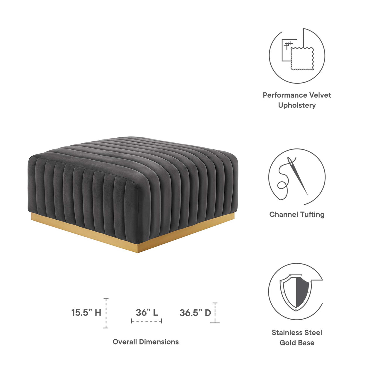 Evoke Velvet Ottoman | Modular Sectional Component, Gold & Gray