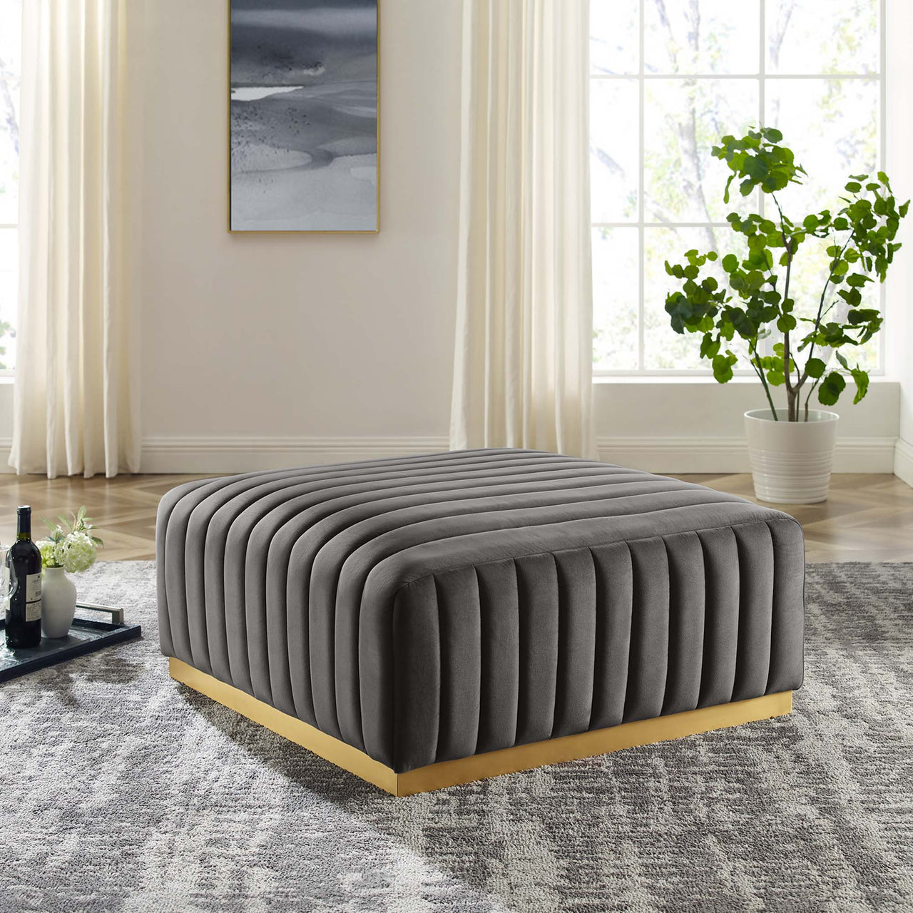 Evoke Velvet Ottoman | Modular Sectional Component, Gold & Gray