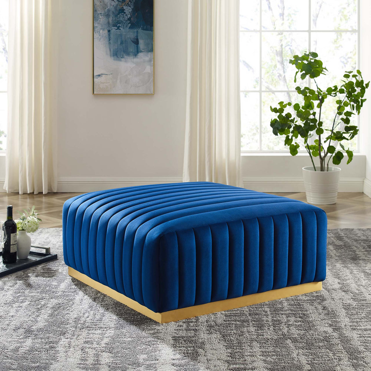 Evoke Velvet Ottoman | Modular Sectional Component, Gold & Navy