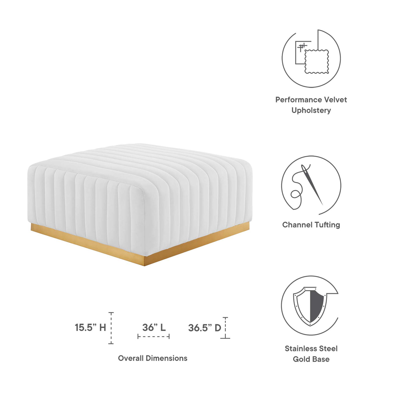 Evoke Velvet Ottoman | Modular Sectional Component, Gold & White