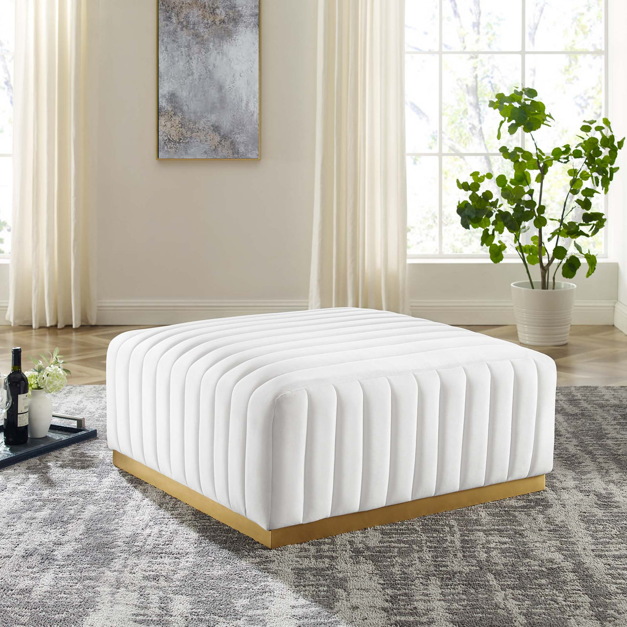 Evoke Velvet Ottoman | Modular Sectional Component, Gold & White