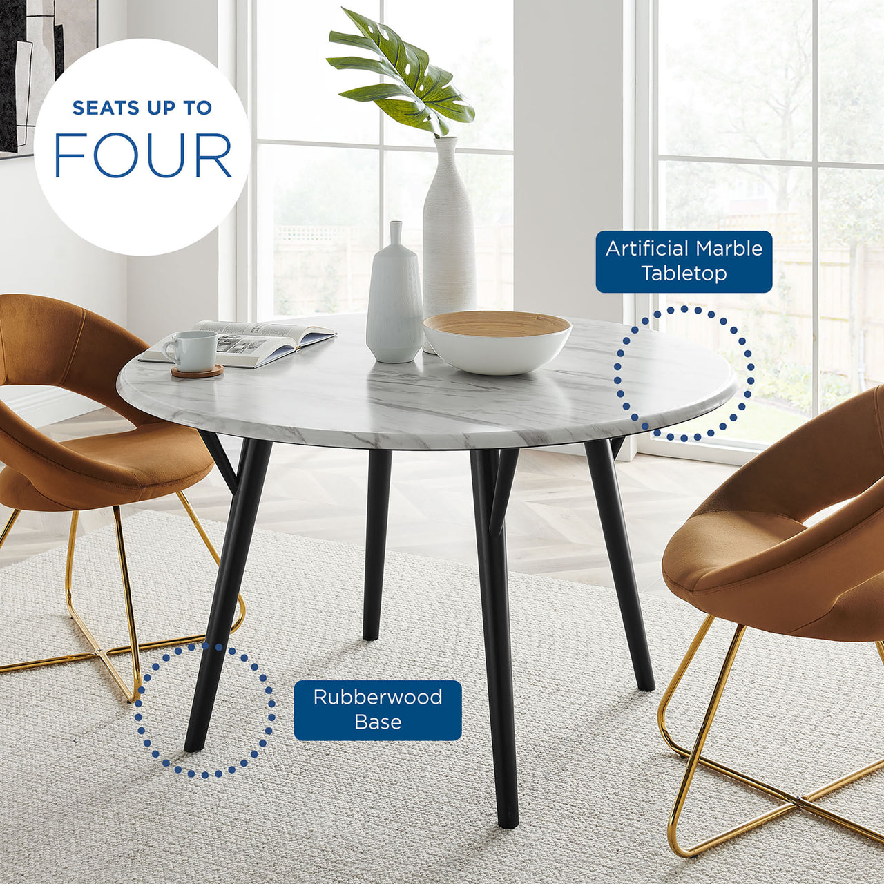 Valmere Round Faux Marble Dining Table, Large, Black & White