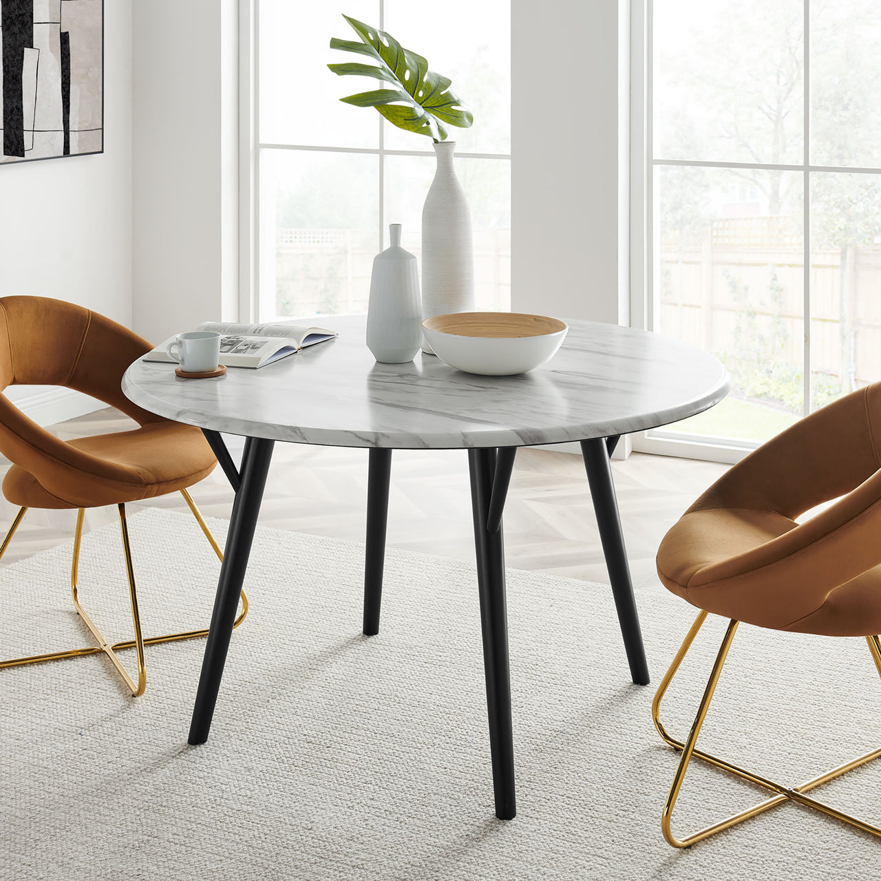 Valmere Round Faux Marble Dining Table, Large, Black & White