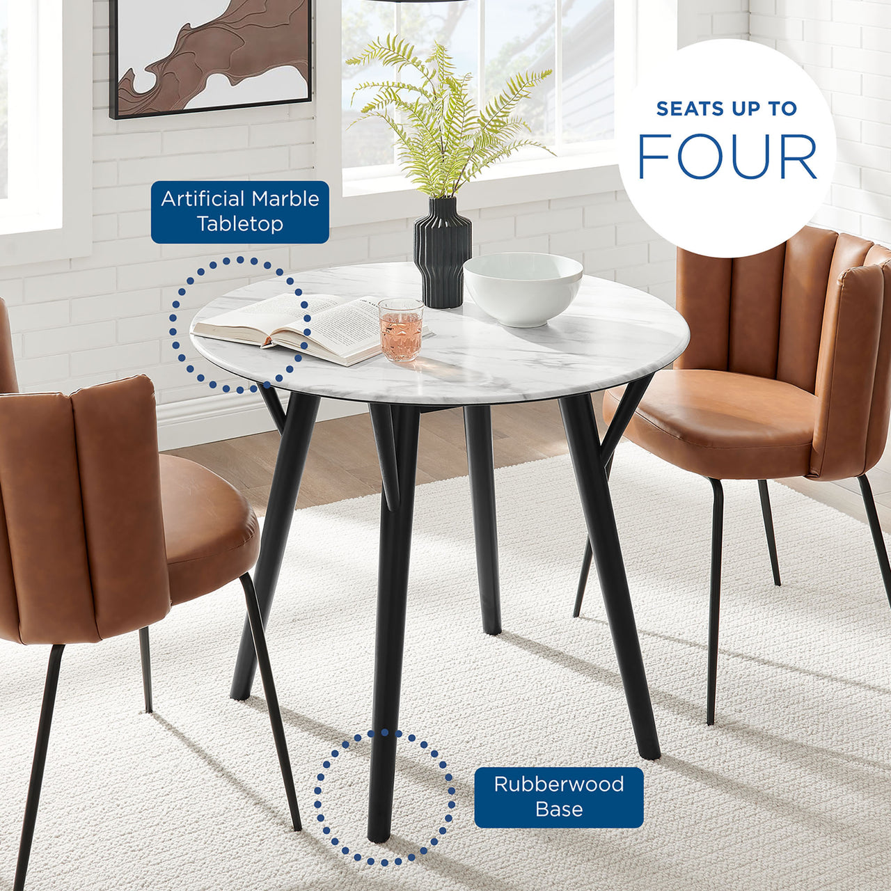 Valmere Round Faux Marble Dining Table, Small, Black & White