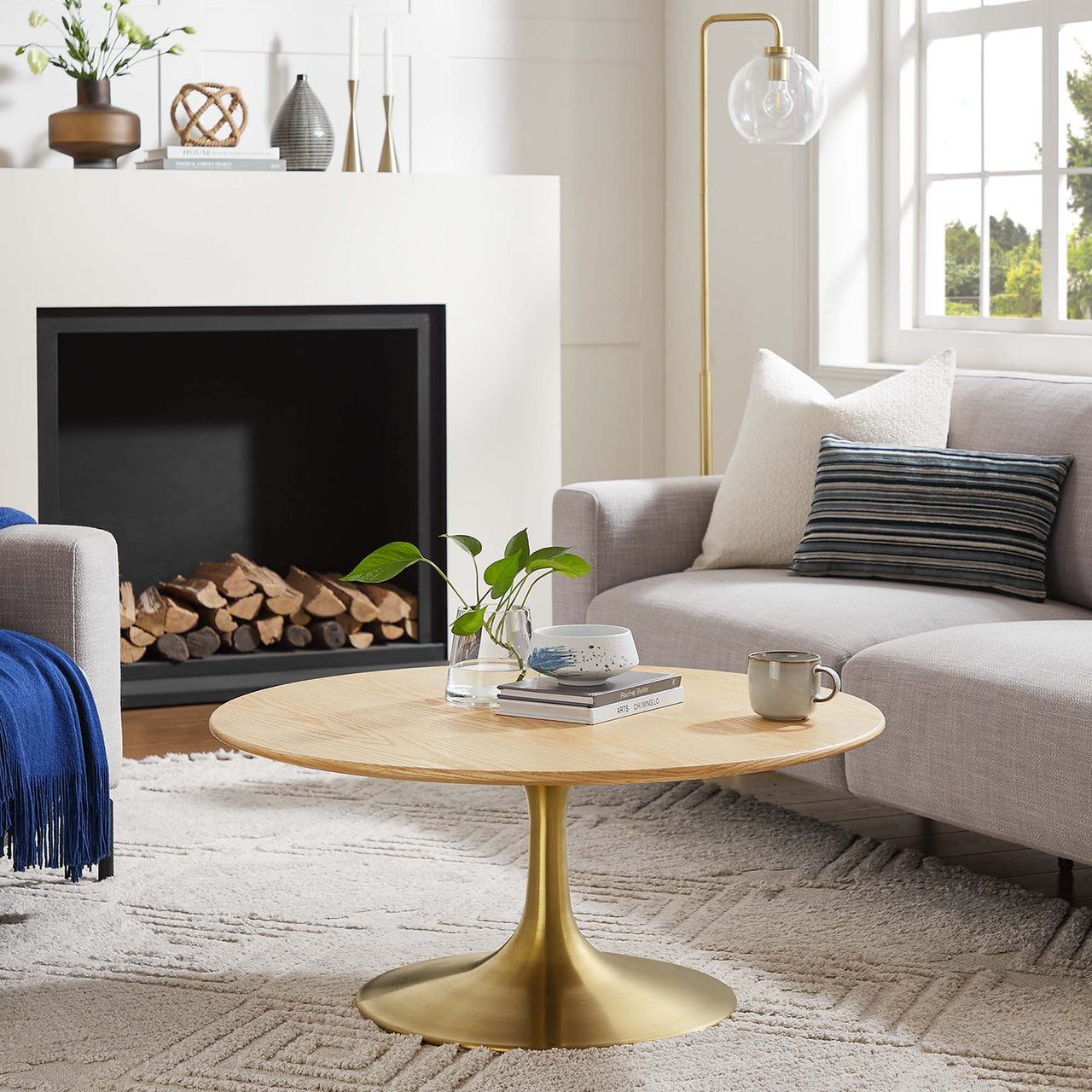 Ensemble Round Coffee Table, Medium, Gold & Natural Wood
