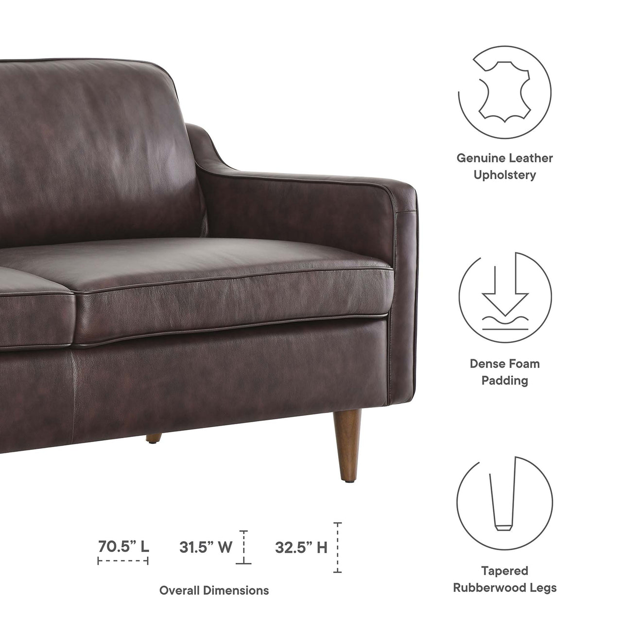 Daxon Genuine Leather Sofa, Brown