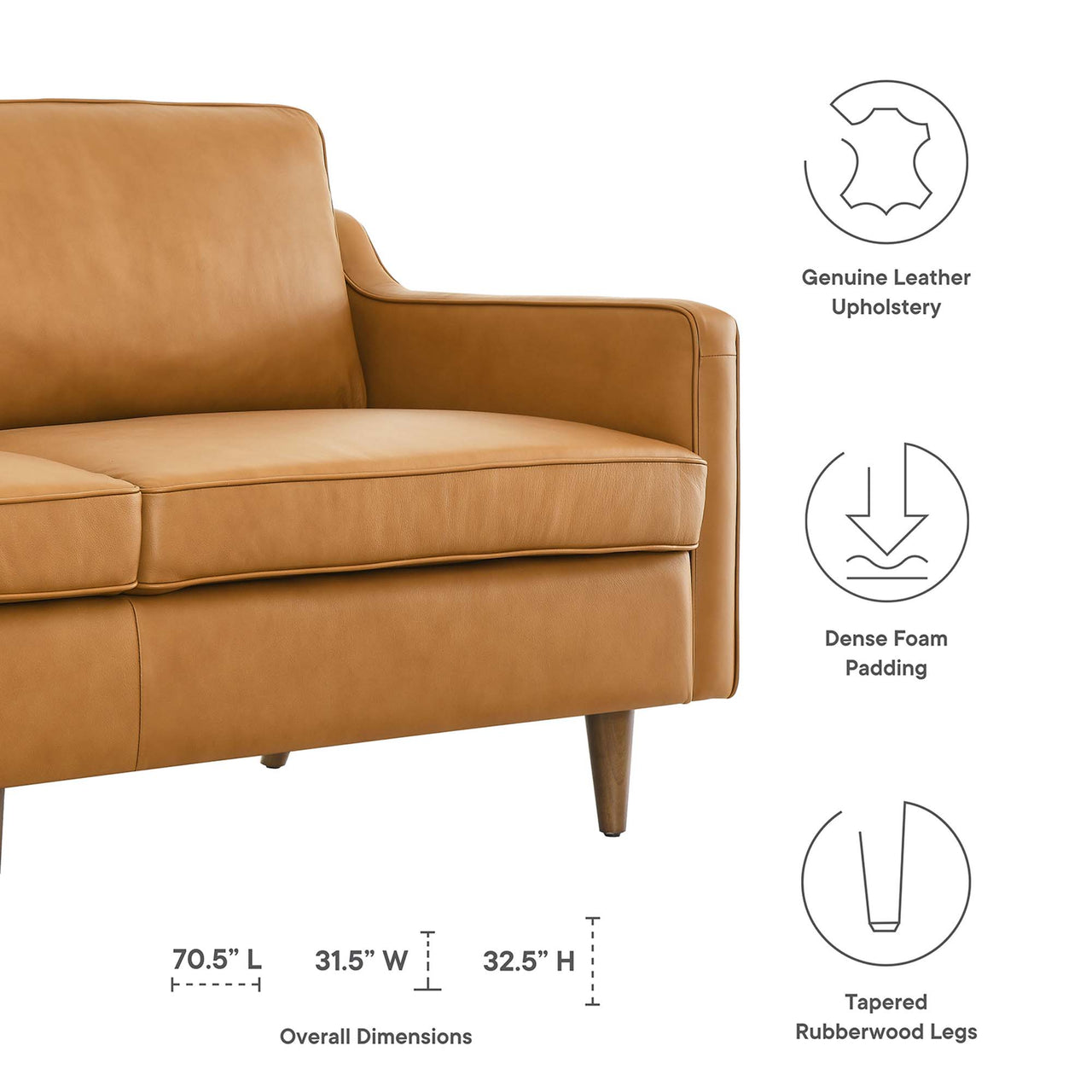 Daxon Genuine Leather Sofa, Tan