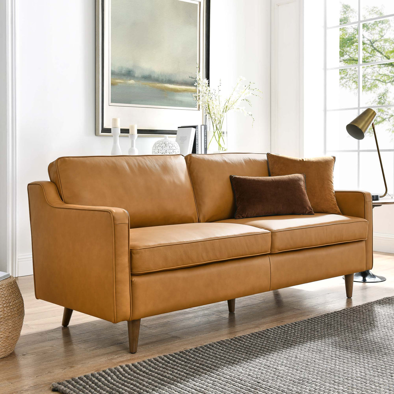 Daxon Genuine Leather Sofa, Tan