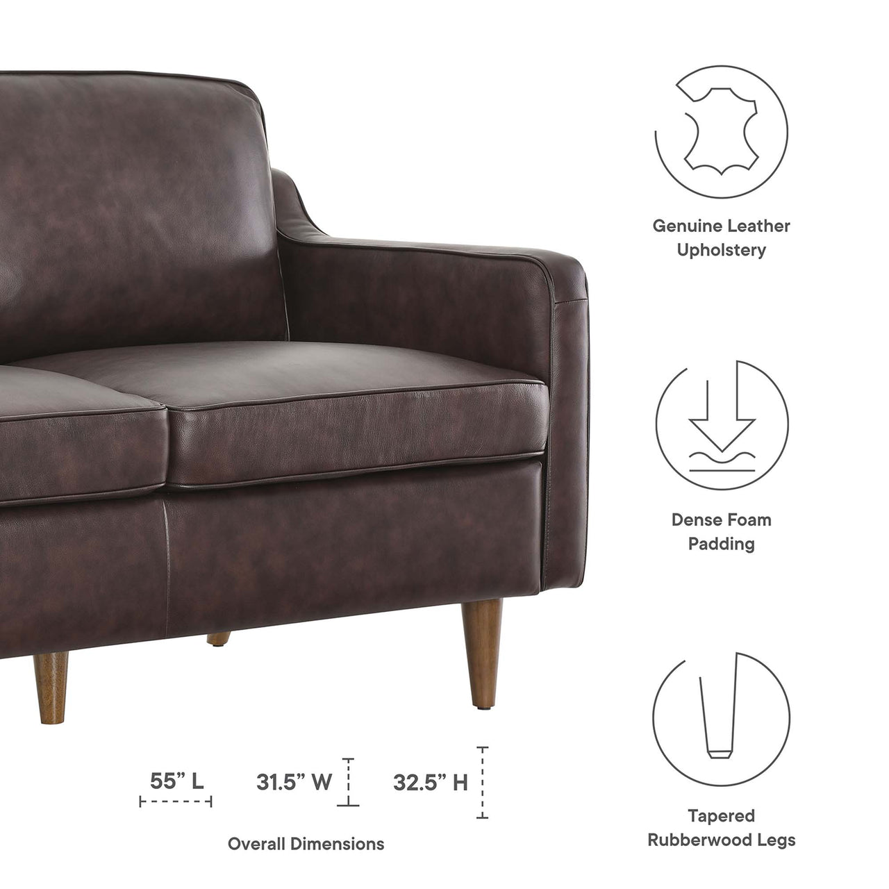 Daxon Genuine Leather Loveseat, Brown