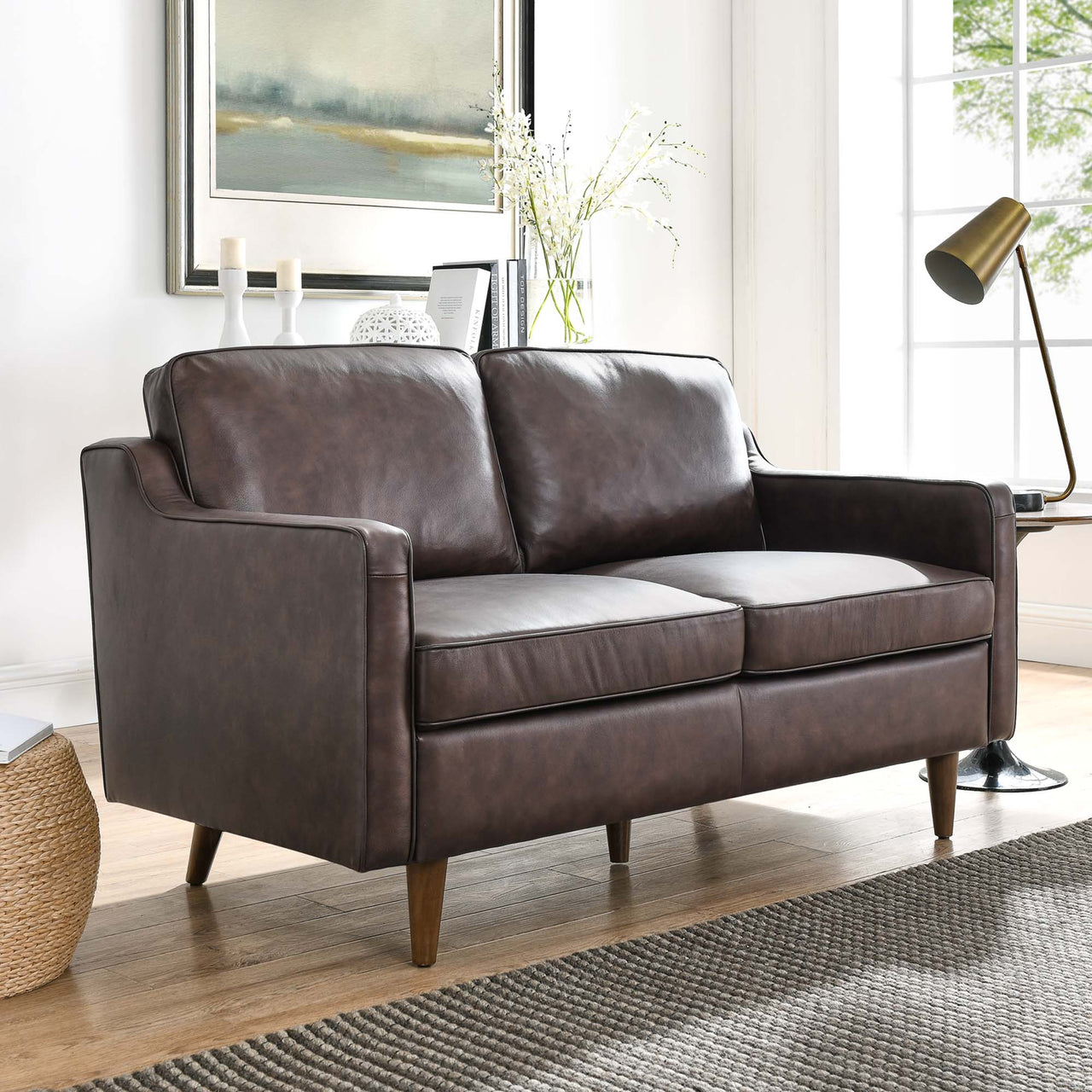 Daxon Genuine Leather Loveseat, Brown