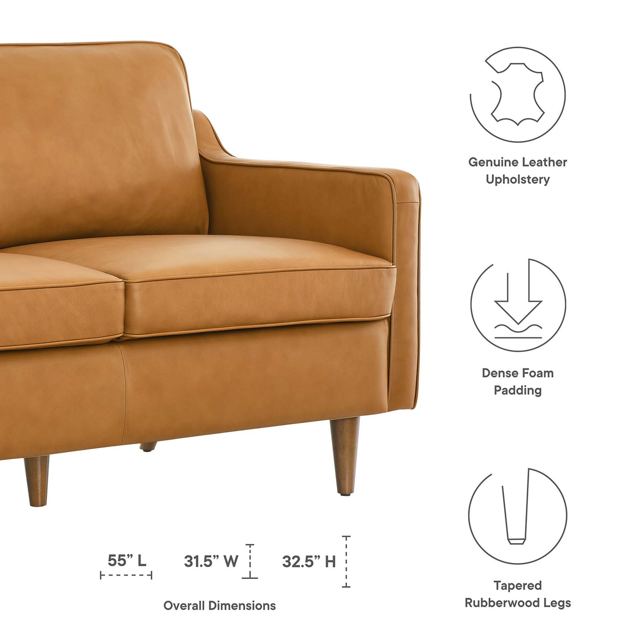 Daxon Genuine Leather Loveseat, Tan
