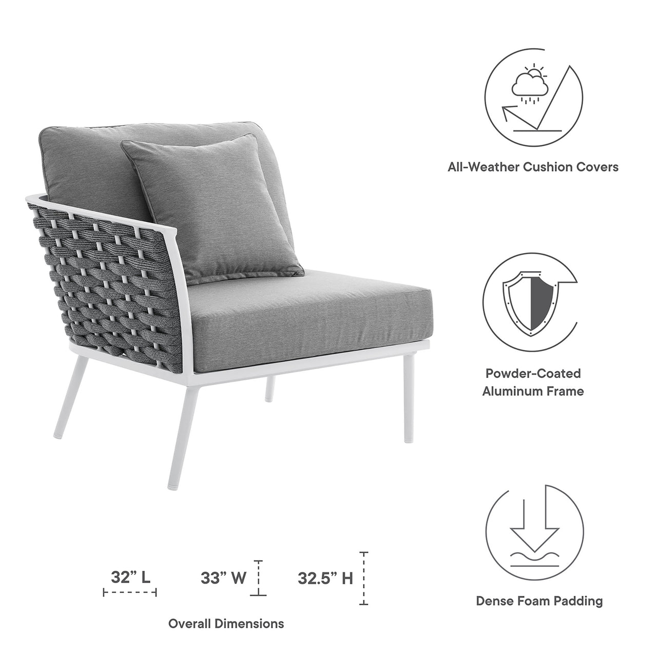 Stellan Alfresco Left-Facing Armchair | Outdoor Modular Sectional Component, White & Gray