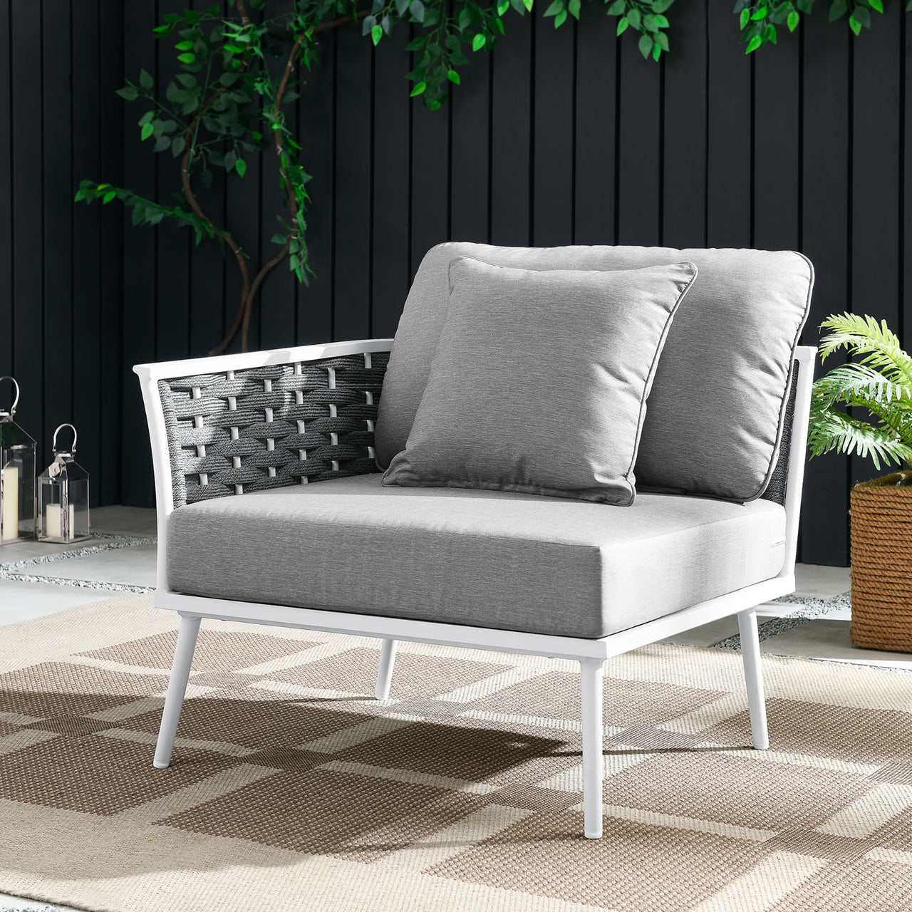 Stellan Alfresco Left-Facing Armchair | Outdoor Modular Sectional Component, White & Gray