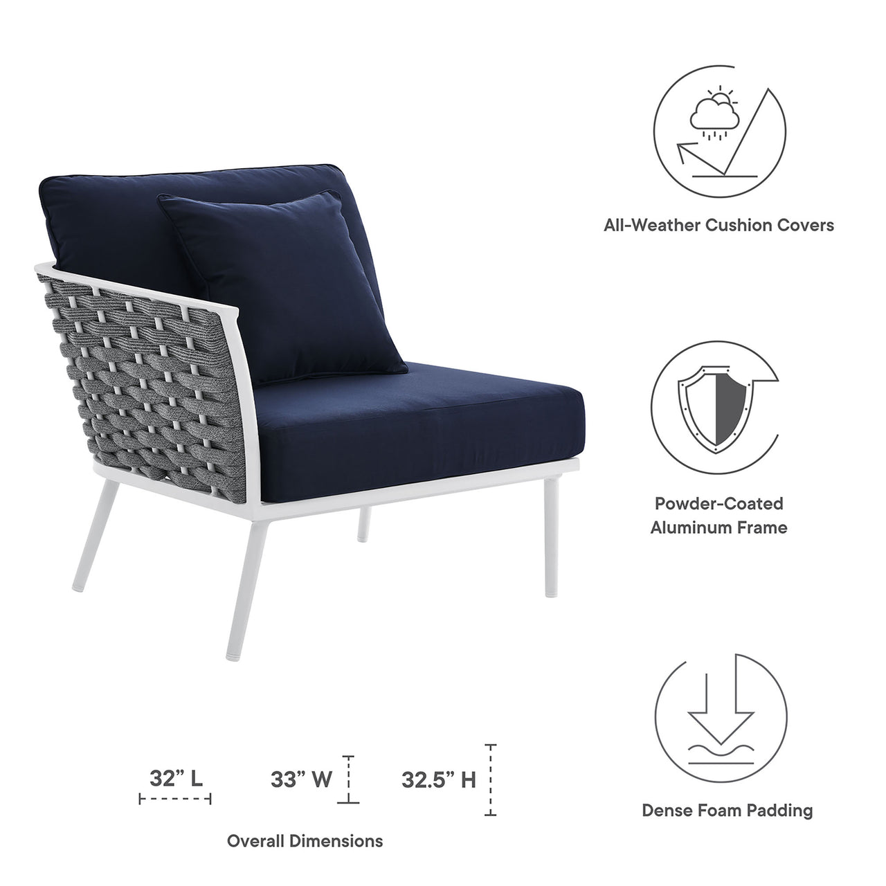 Stellan Alfresco Left-Facing Armchair | Outdoor Modular Sectional Component, White & Navy
