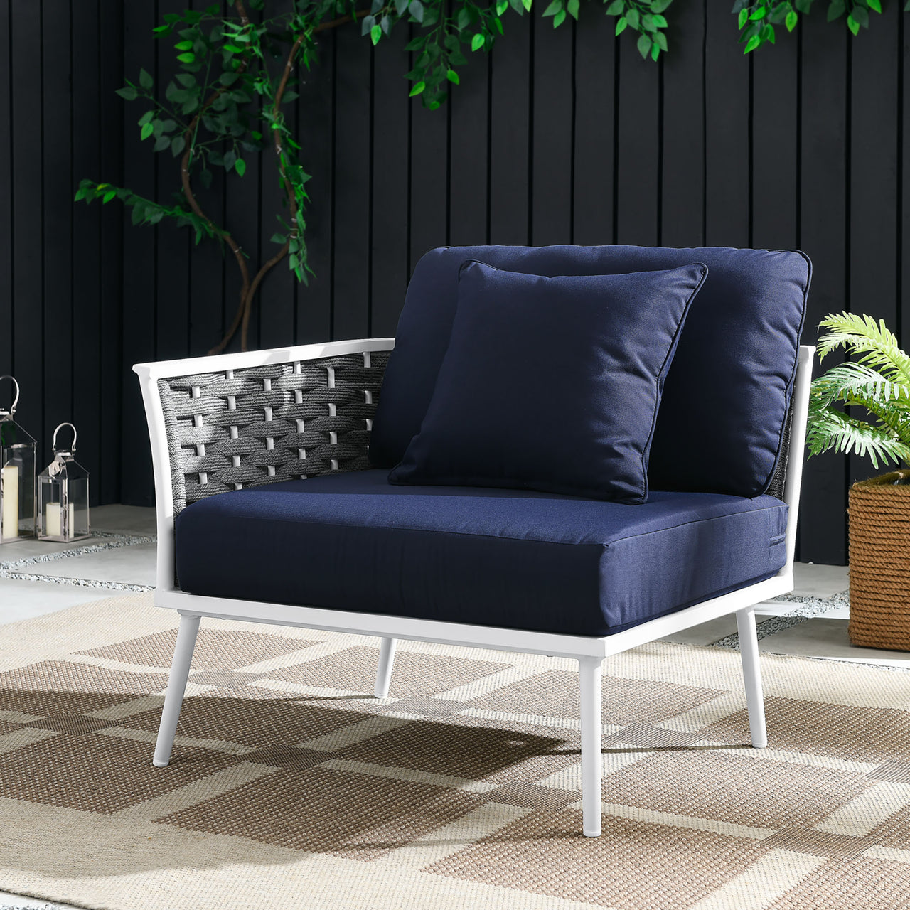 Stellan Alfresco Left-Facing Armchair | Outdoor Modular Sectional Component, White & Navy