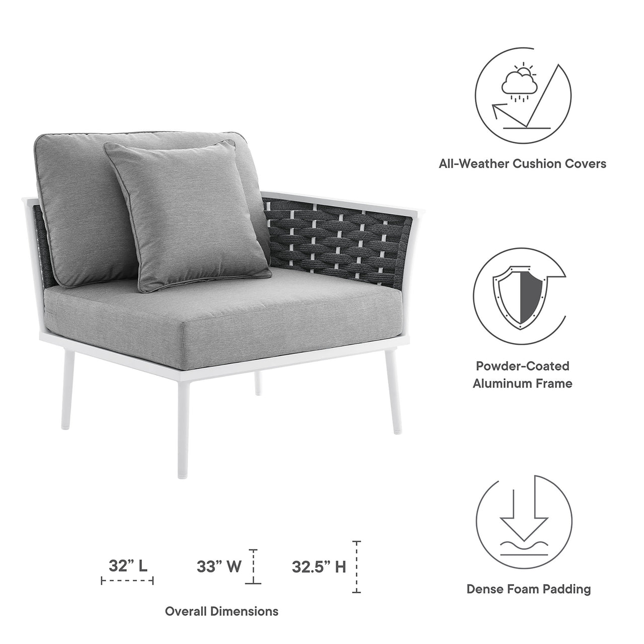 Stellan Alfresco Right-Facing Armchair | Outdoor Modular Sectional Component, White & Gray