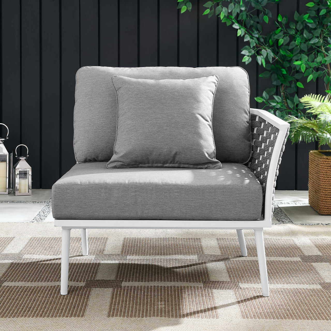 Stellan Alfresco Right-Facing Armchair | Outdoor Modular Sectional Component, White & Gray