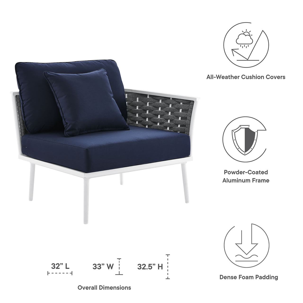 Stellan Alfresco Right-Facing Armchair | Outdoor Modular Sectional Component, White & Navy