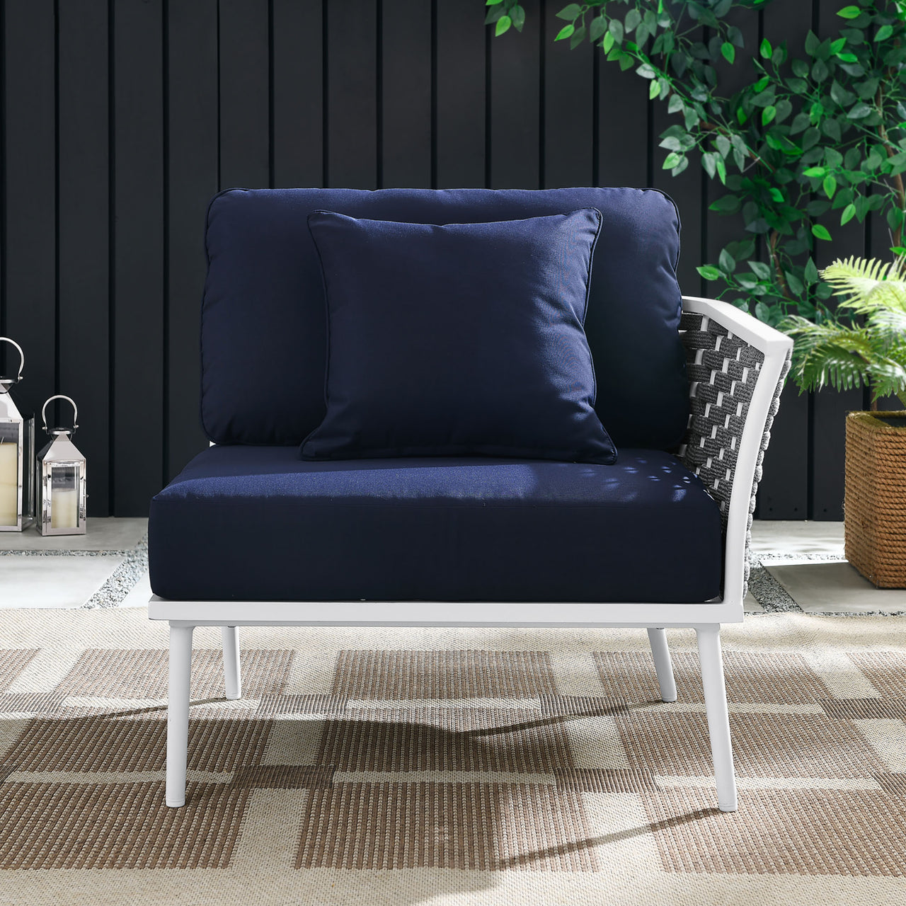 Stellan Alfresco Right-Facing Armchair | Outdoor Modular Sectional Component, White & Navy