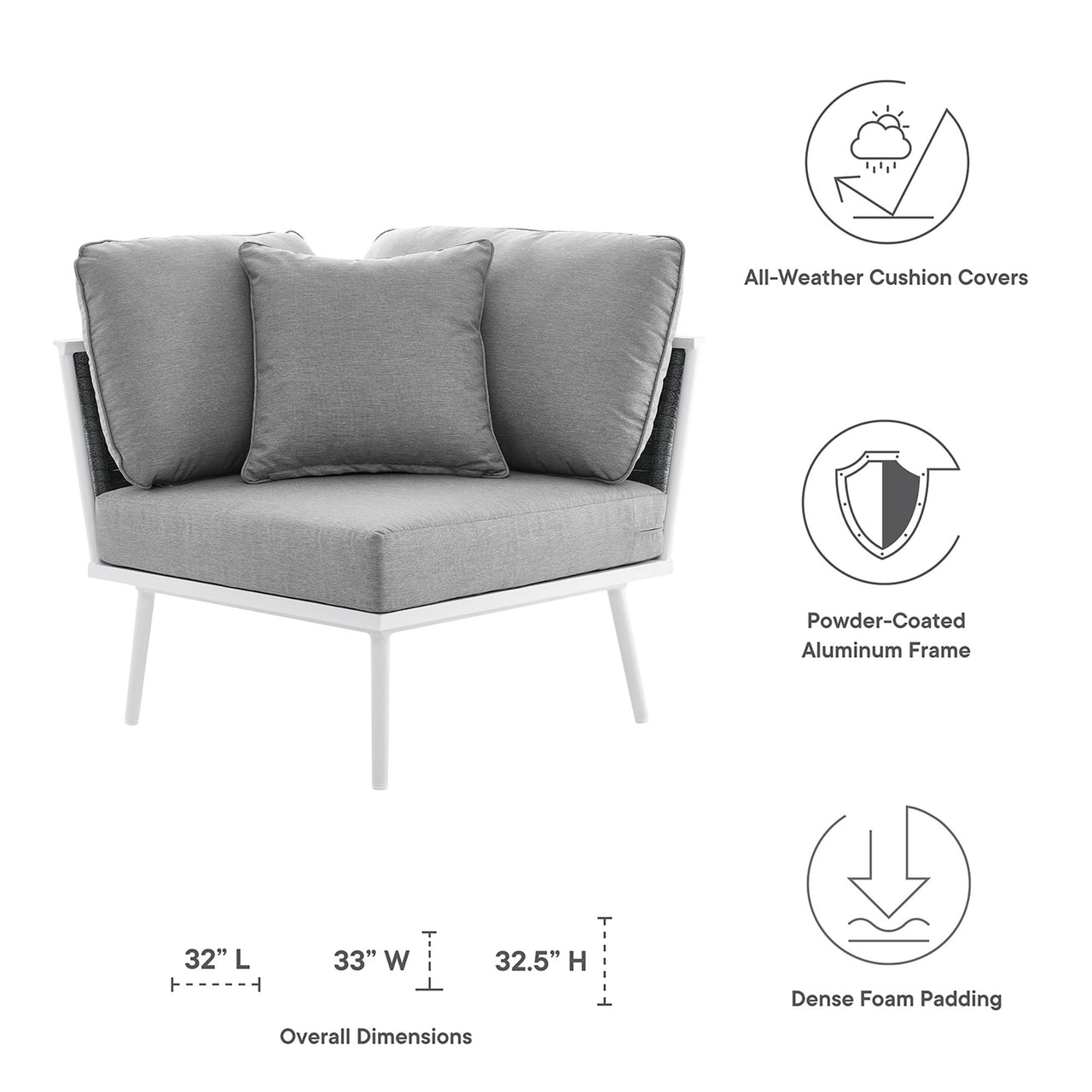 Stellan Alfresco Corner Chair | Outdoor Modular Sectional Component, White & Gray