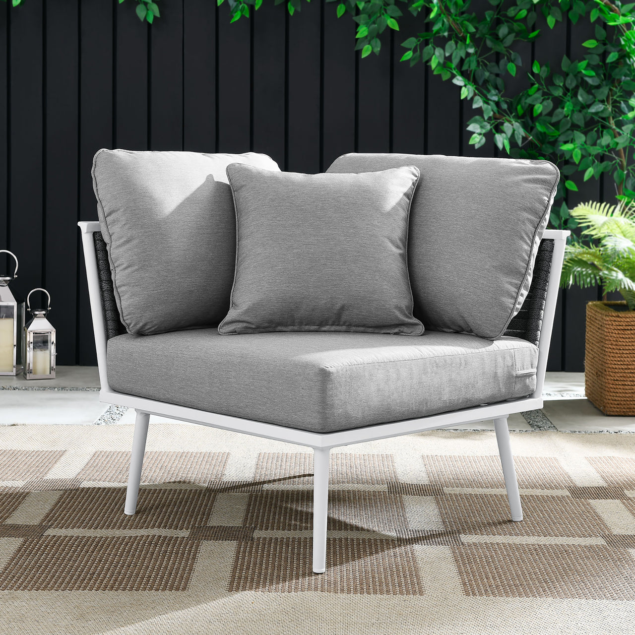 Stellan Alfresco Corner Chair | Outdoor Modular Sectional Component, White & Gray