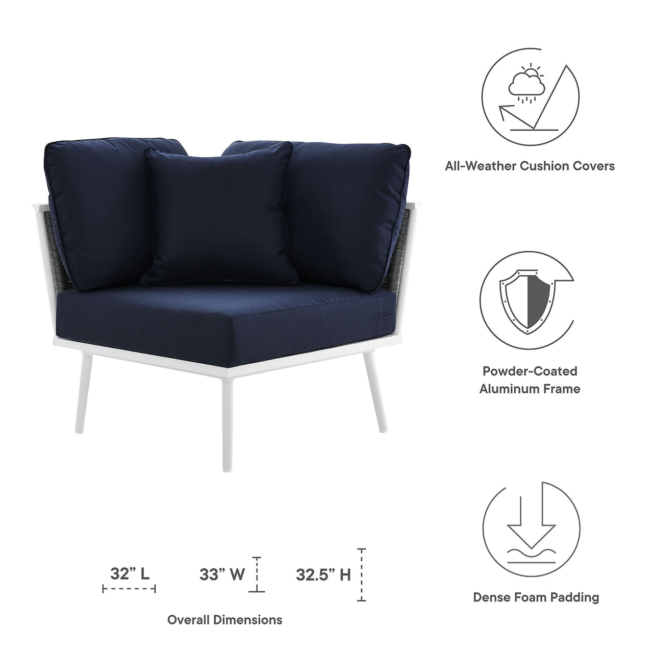 Stellan Alfresco Corner Chair | Outdoor Modular Sectional Component, White & Navy