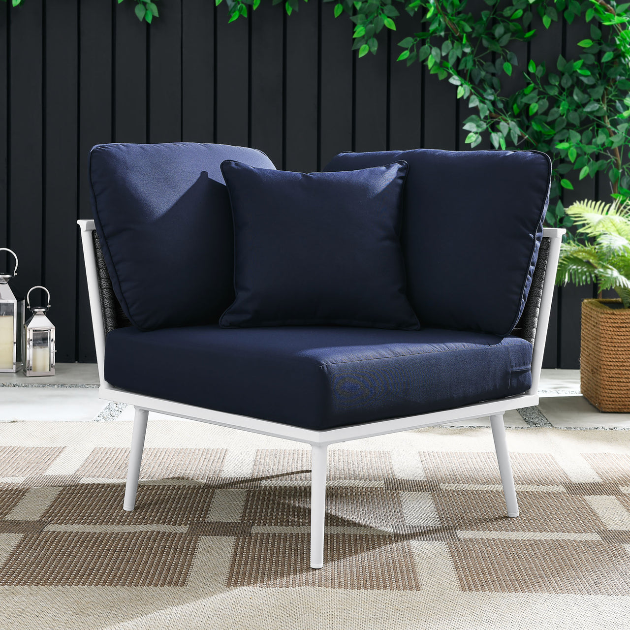 Stellan Alfresco Corner Chair | Outdoor Modular Sectional Component, White & Navy