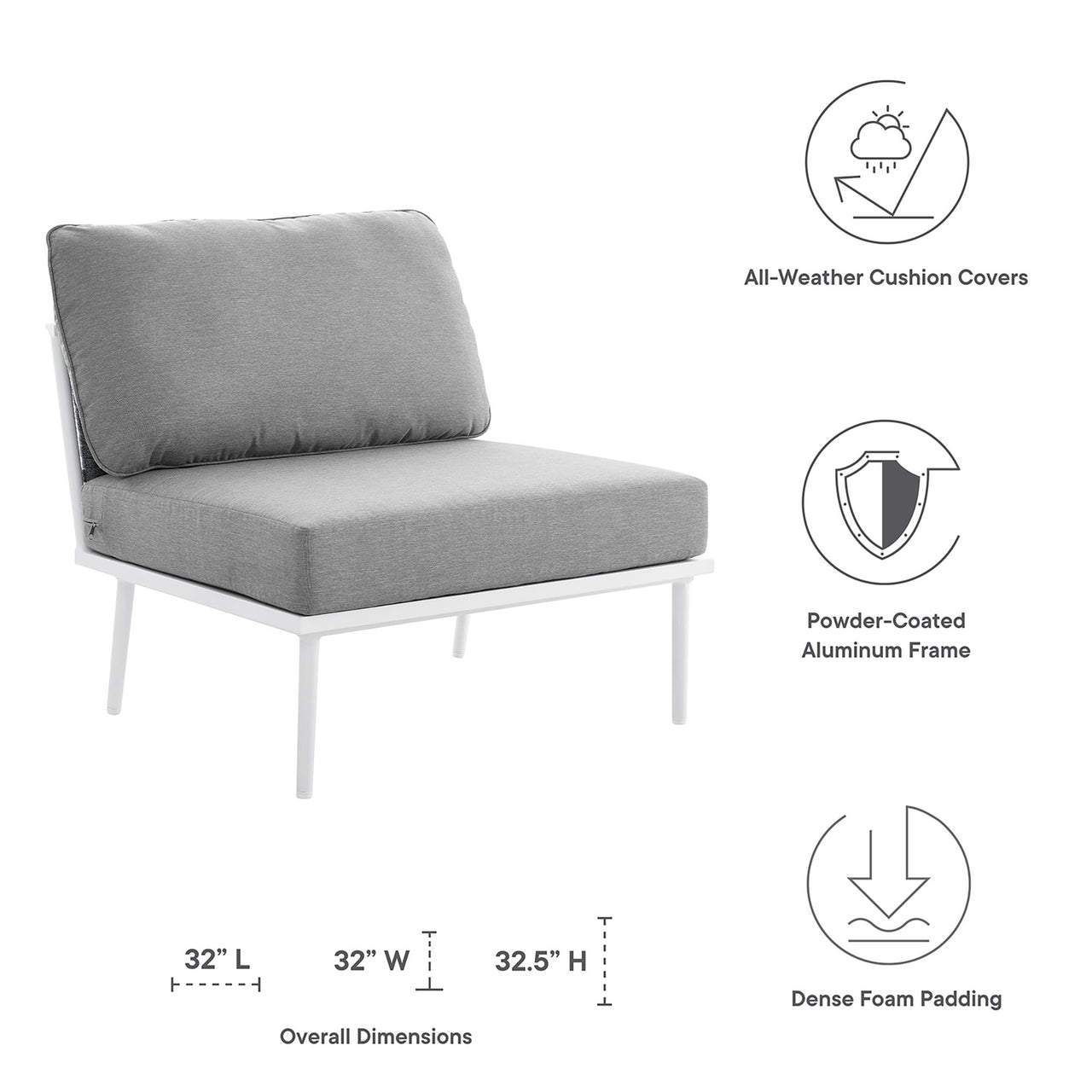 Stellan Alfresco Armless Chair | Outdoor Modular Sectional Component, White & Gray