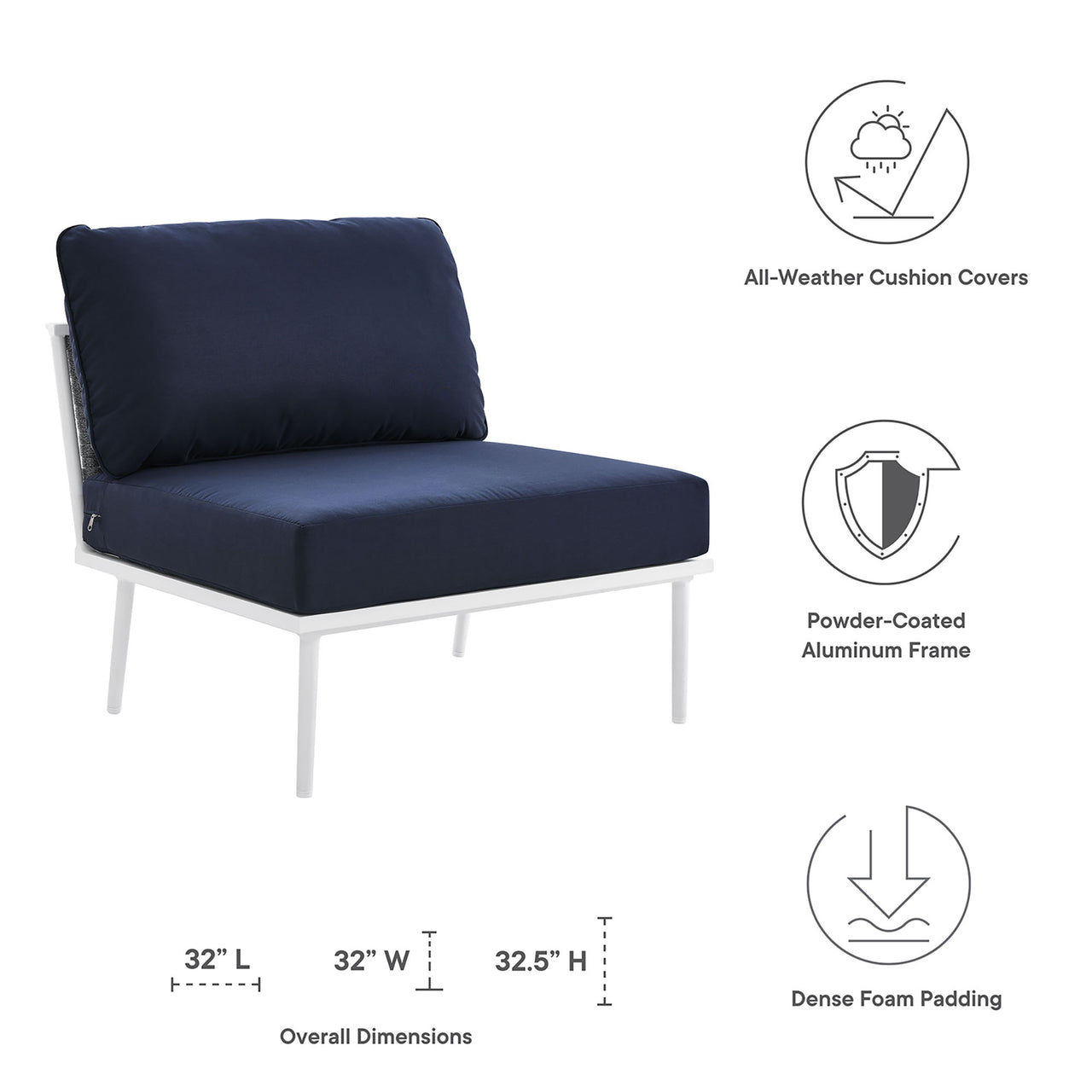 Stellan Alfresco Armless Chair | Outdoor Modular Sectional Component, White & Navy