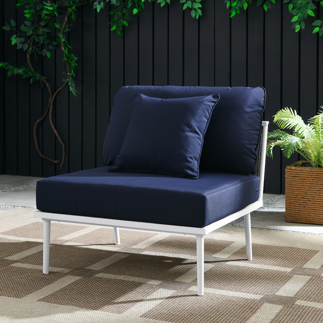 Stellan Alfresco Armless Chair | Outdoor Modular Sectional Component, White & Navy