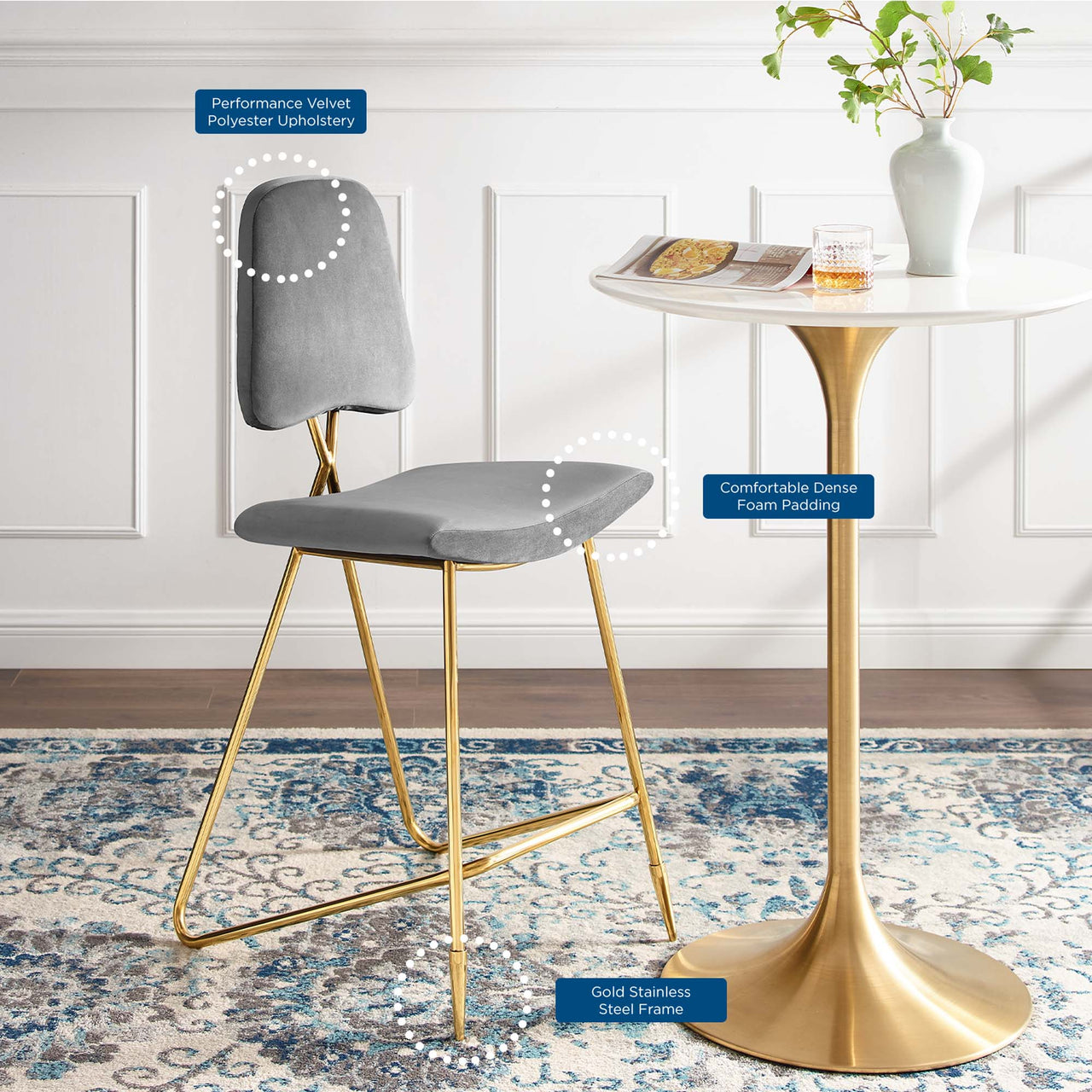 Direction Velvet Bar Stool Set of 2, Gray