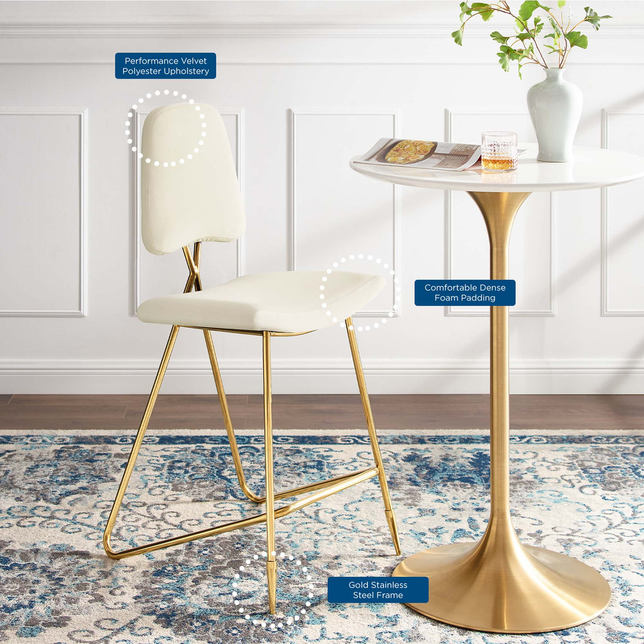 Direction Velvet Bar Stool Set of 2, Ivory