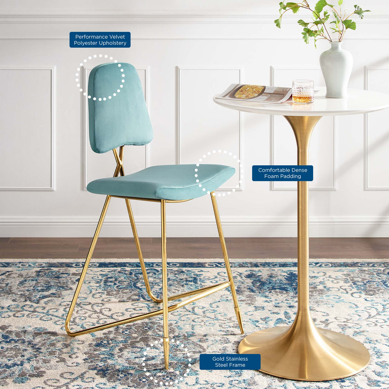 Direction Velvet Bar Stool Set of 2, Caspian Blue