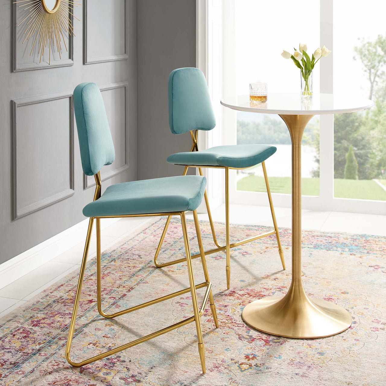 Direction Velvet Bar Stool Set of 2, Caspian Blue
