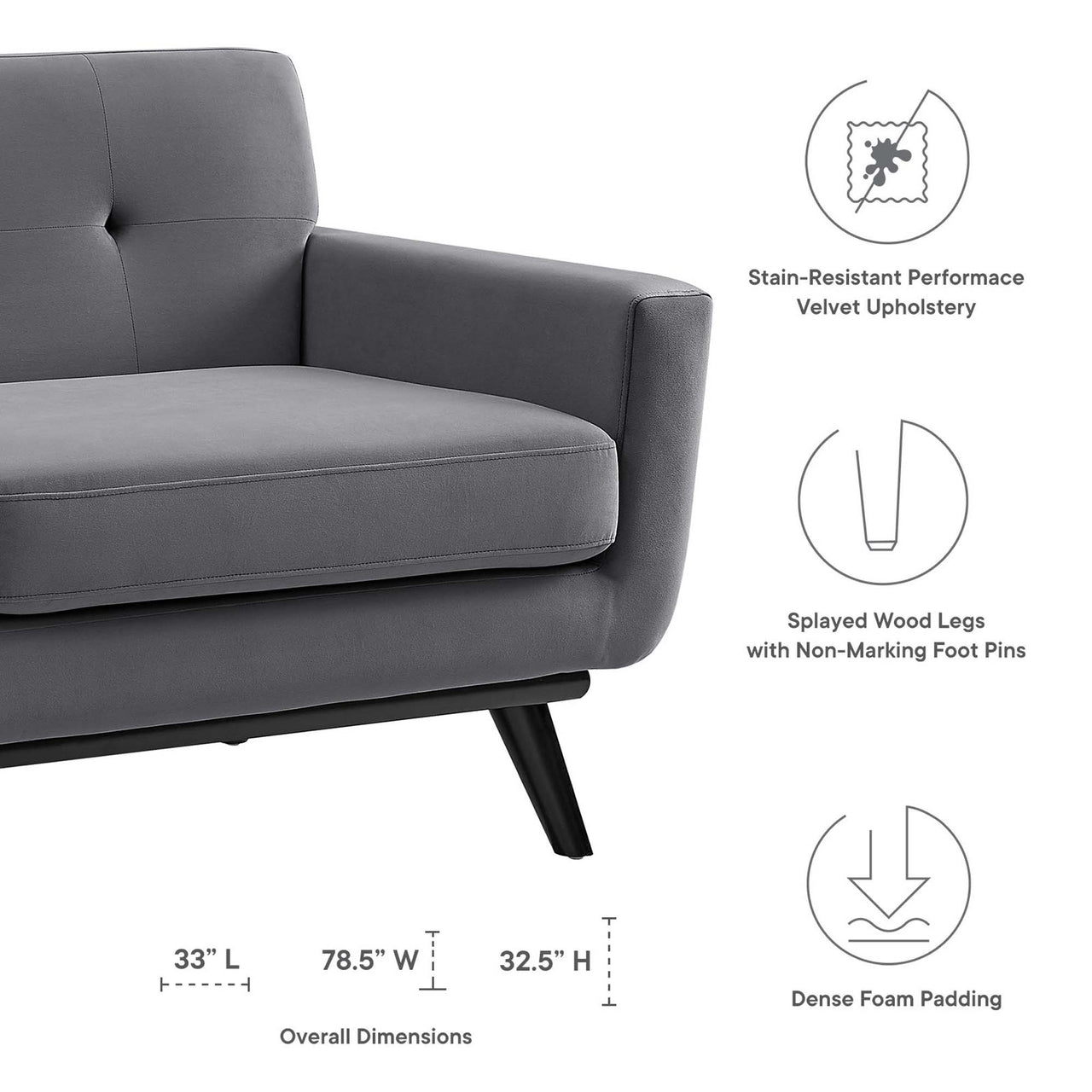 Rendezvous Velvet Loveseat, Gray